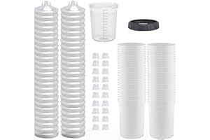 ANSIKE Disposable Paint Spray Gun Cup Liners and Lid System 50 Liners 50 Lids 20 Plugs 1 Hard Cup with Retainer Ring Paint Sprayer Mixing Cup (125 Mic) 5.6 Ounce (165ml)
