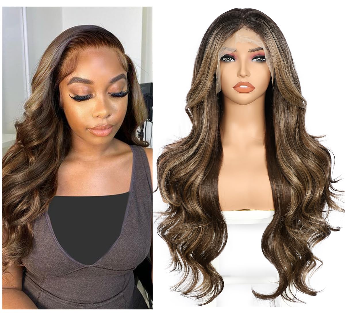 Sapphirewigs 13x4 Ombre Brown Lace Front Wig Synthetic Body Wave Dark Roots Brown Balayage Synthetic Lace Front Wigs Party Date Daily Wear Christmas Natural Looking 26 inch — image 1
