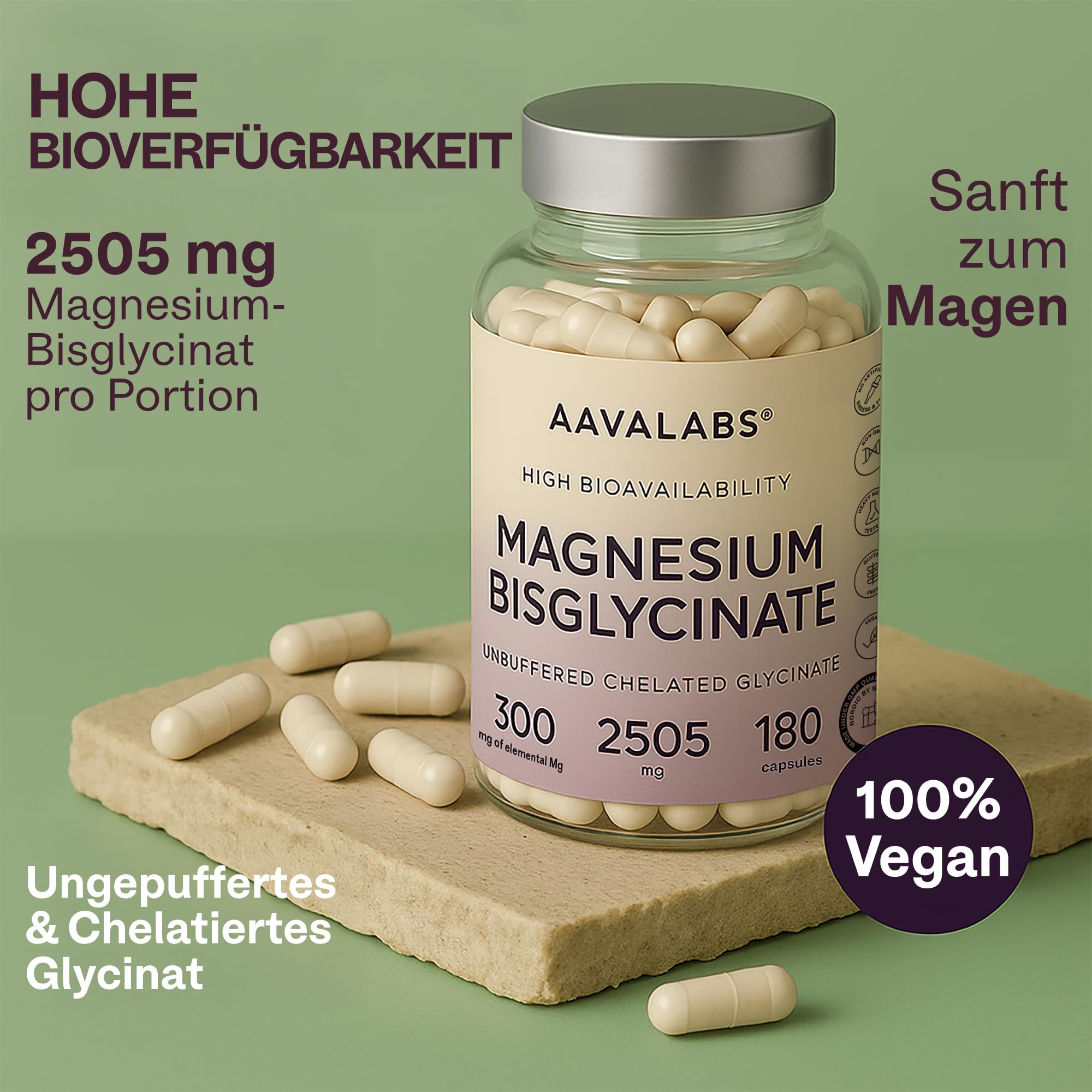 Magnesium Bisglycinat Hochdosiert 2505mg | 300mg Elementares Magnesium, Glycinat Kapseln Vegan - Ungepuffertes Magnesiumglycinat Chelat - 180 Bisglycinat Kapseln 2