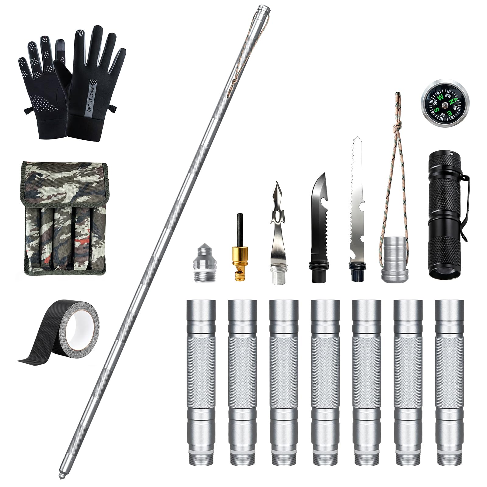 Photo 1 of 15-in-1 Tactical Walking Stick with Spear & Knife & Flashlight & Thermal Gloves & Anti-Slip Tape, Multitool Survival Hiking Stick, Self Defense Trekking Pole for Outdoor Adventures, Camping, Hunting