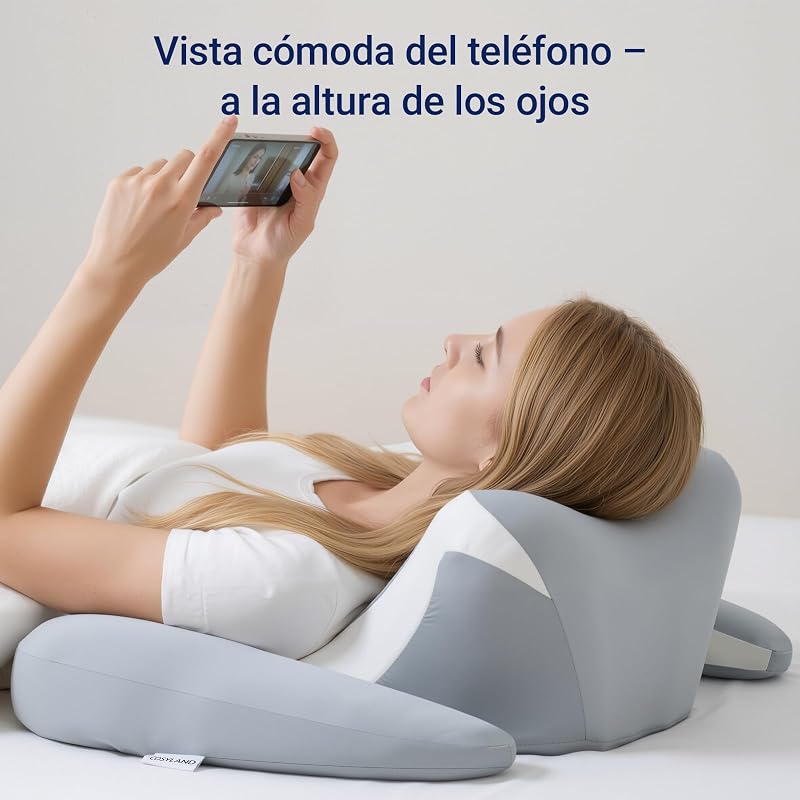 Almohada Cervicales y Cuello - Ergonómica para Dormir de Lado, Boca Arriba o Abajo, Espuma Viscoelástica, Diseño con Espacio para Orejas y Brazos, Funda Transpirable, 64×48×24 cm, Gris