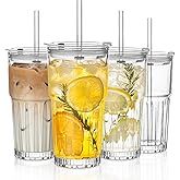 INSETLAN 20 oz Clear Glass Tumbler Set with Lids and Straws – 4-Pack Iced Coffee Cups with Glass Straws & Brushes, Reusable Drinking Glasses for Smoothies, Tea, Juice, Beer, Cold Beverages