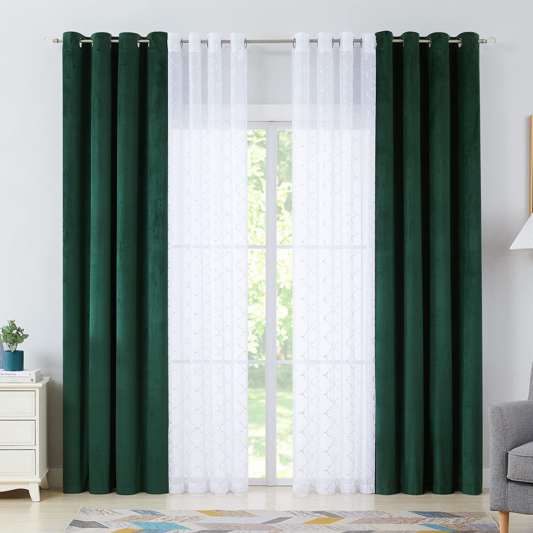 Photo 1 of 4 Pieces Mix and Match Spring Green and White Curtains Set 84 Inch for Living Room, Moroccan Silver Printed White Voile Sheer & Solid Velvet Room Darkening Blackout Drapes for Bedroom, Grommet Top