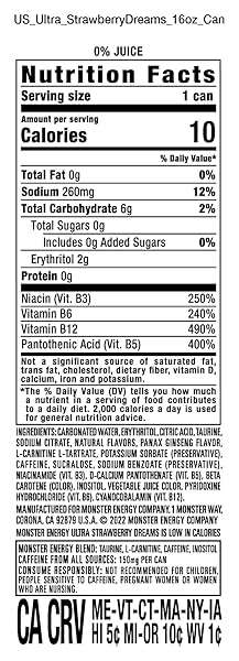 MONSTER ENERGY ULTRA STRAWBERRY DREAMS, SUGAR FREE ENERGY DRINK, 16 OUNCE (PACK OF 15)
