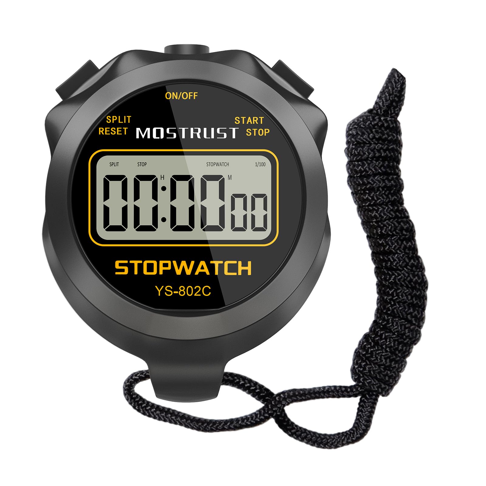 MOSTRUST Digital Simple Stopwatch, Single Lap/Split Basic Stopwatch, No Clock No Alarm No Calendar with Lanyard for Swimming Running Sports Training Coaches (Black) (802C)