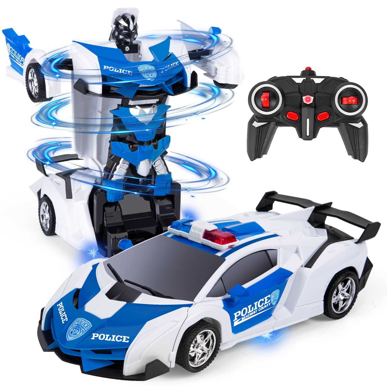 Highttoy Transforming RC Police Car Toy for Kids, 2.4GHz 360° Rotation 1:18 Scale Remote Control Car Robot Toys Gifts for 3+ Year old Boys Girls, White