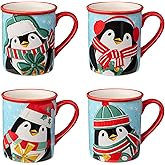 Christmas Whimsy Penguin Mugs – Set of 4 18oz Holiday Coffee & Cocoa Mugs with Playful Penguin Designs, Festive Giftable Drinkware for Winter Tea, Hot Chocolate, and Holiday Entertaining