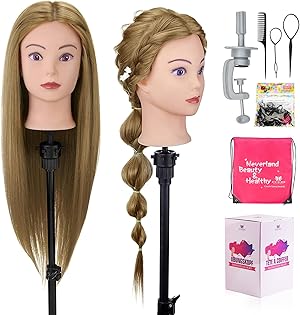 Neverland Frisurenkopf, 28 Zoll 60% Echtes Menschliches Haar Frisierkopf übungskopf Puppenkopf zum Frisieren mit Tischklemme + DIY Haar Styling Tools Set (Gold)