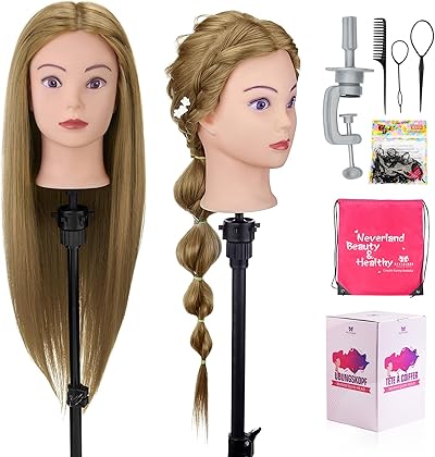 Neverland Frisurenkopf, 28 Zoll 60% Echtes Menschliches Haar Frisierkopf übungskopf Puppenkopf zum Frisieren mit Tischklemme + DIY Haar Styling Tools Set (Gold)