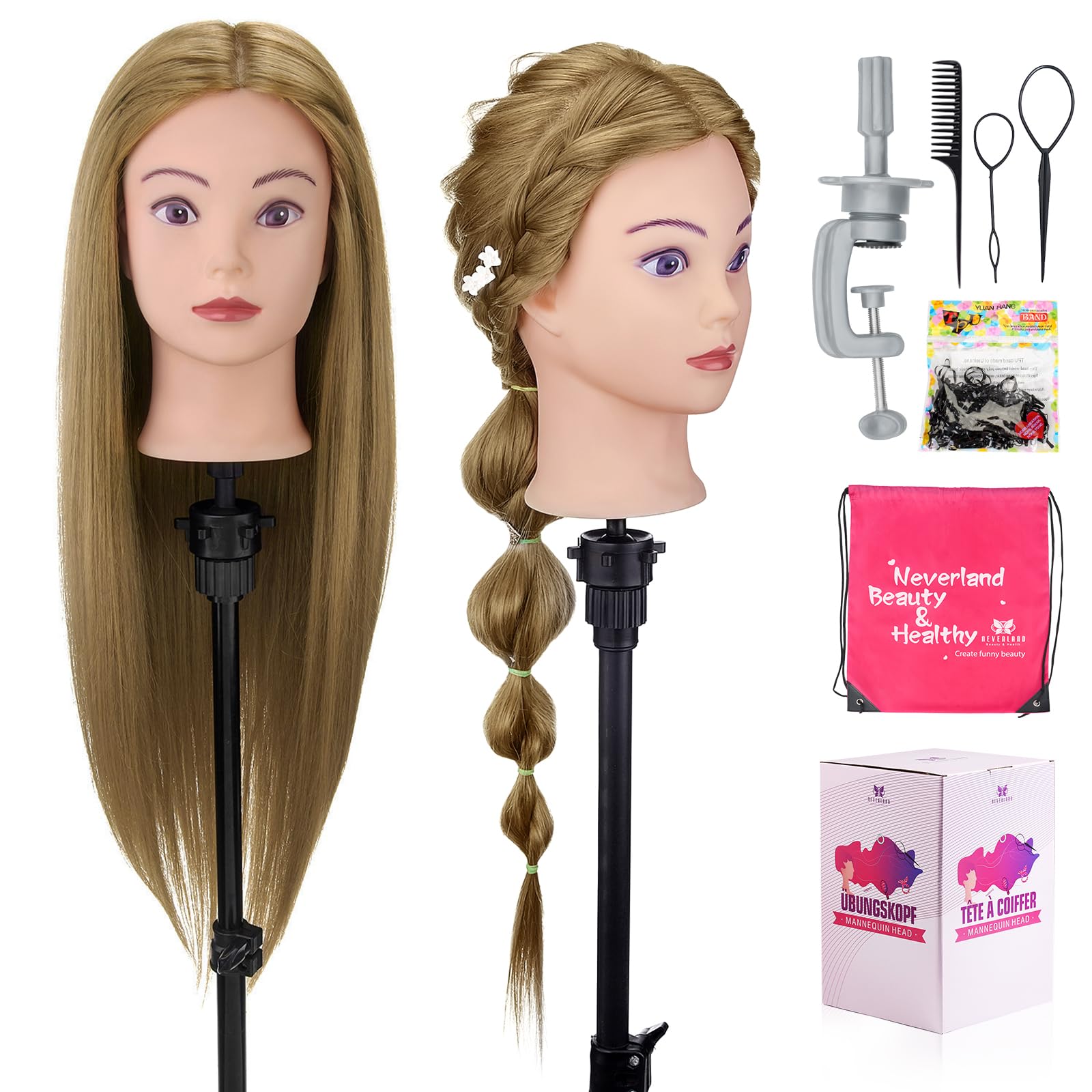 Neverland 28" Hairdressing Head, 60% Real Human Hair Cosmetology Mannequin Head Manikin Doll Head with Table Clamp + DIY Hair Styling Tools Set (Gold)