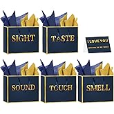 5 Senses Gift Bags for Him Her with Labels, Handles & Tissue Paper - Gold Foil Five Senses Gift Bags Party Decor for Birthday, Wedding, Anniversary,Christmas, Valentine's Day (Navy Blue, 11.8x 10x 4 inch)