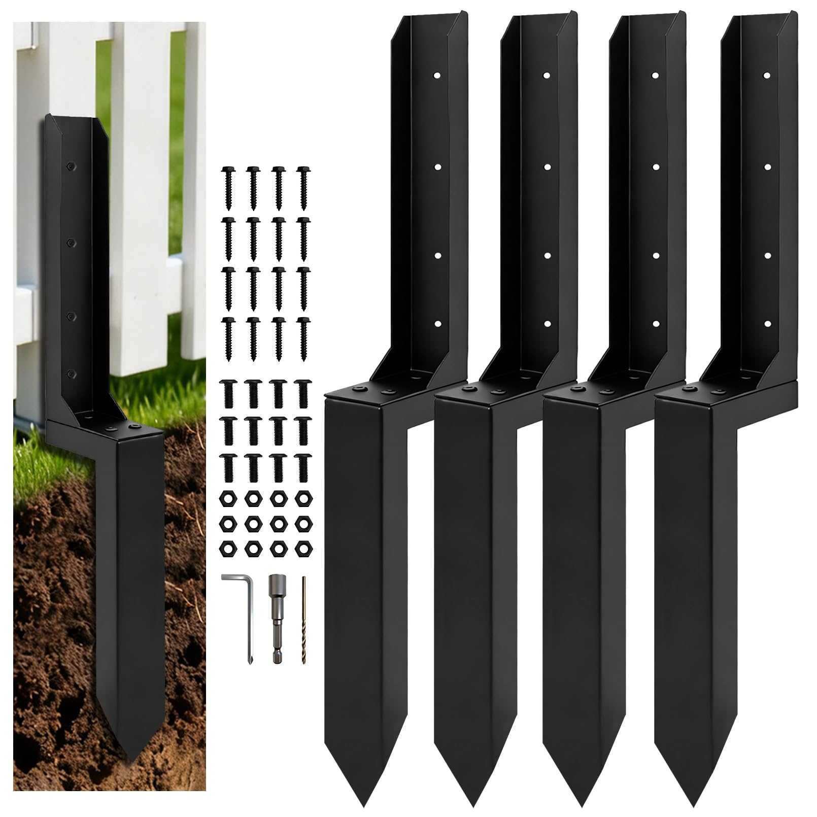 Photo 1 of Heavy Duty Fence Post Anchor, Thickened Fence Post Repair Kit, Ground Stakes for Repair Tilted, Broken Wood Posts Support (4-Pack Black)