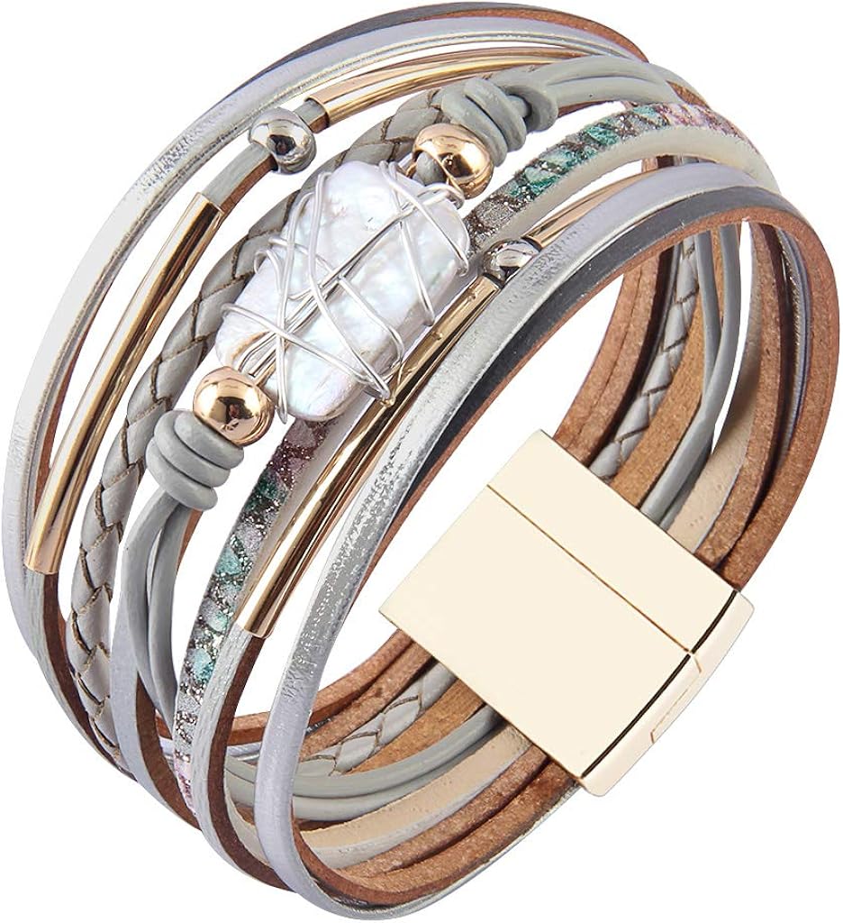 AZORA Womens Leather Cuff Bracelet Baroque Pearl Wrap Bracelets Gorgeous Gold Tube Bangle Handmade Wristbands Jewelry Bohemian Gift for Women, Teen Girls, Mother: Clothing