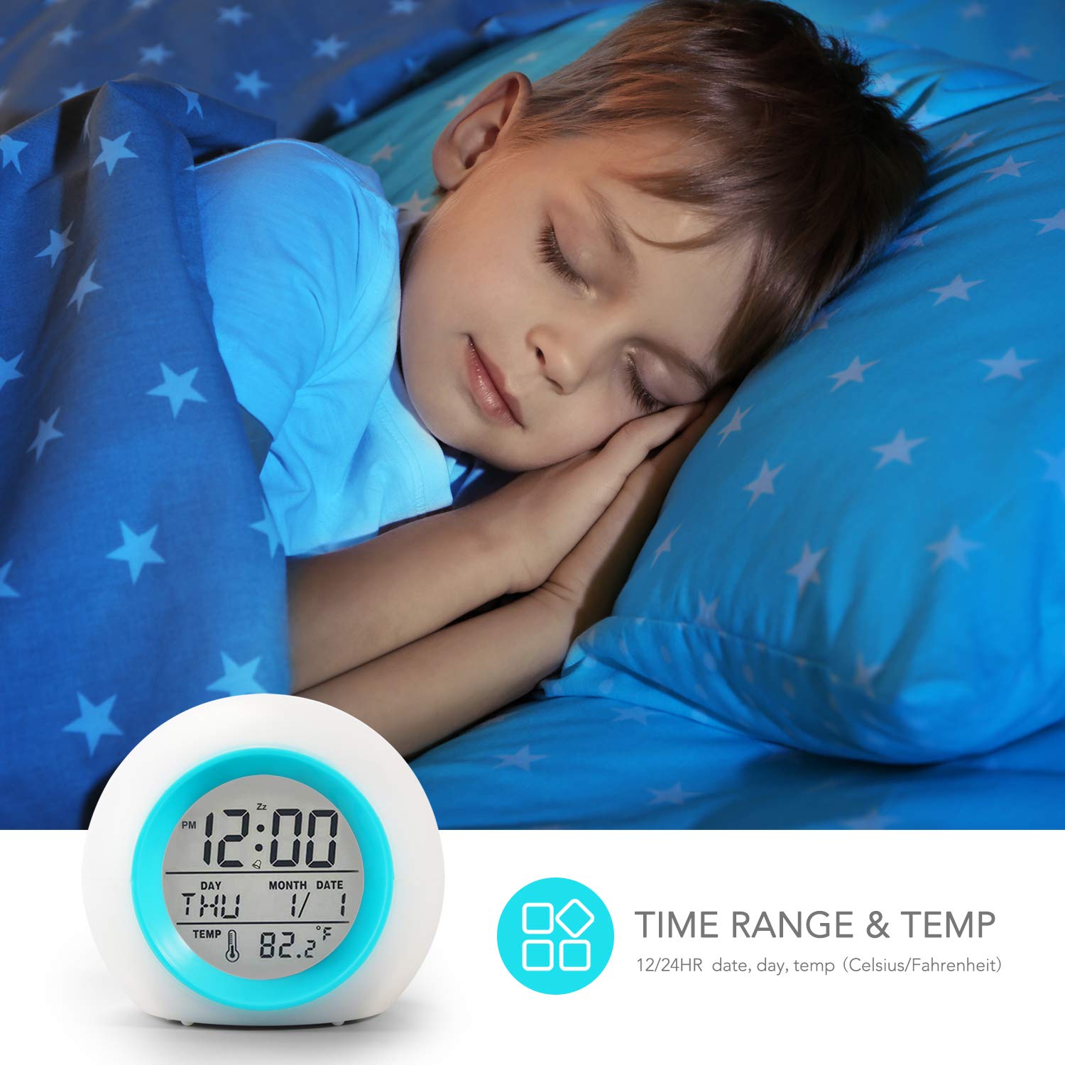 Syntrific Kids Alarm Clock 【2020 Version】，Digital Clock for Girls Boys Kids,7 Color Changing Light 8 Alarm Songs Clock with Indoor Temperature Touch Control Snooze for Bedroom,Bedside Desk Clock