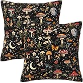 2 Pack Boho Mushroom Throw Pillows Covers 18x18 Inch, Black Witchy Pillow Cases for Couch Living Room Sofa Bedroom, Cute Mushroom Gifts for Witchy Lovers, Rustic Pillowcase Cushion Covers, Home Decor
