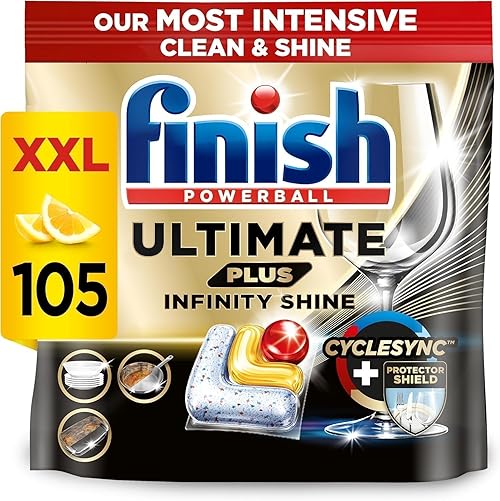 Finish Dishwasher Tablet, Ultimate Plus Infinity Shine, 105 Detergent Tablets, Lemon Sparkle, Tough on Grease, For our Most Intensive Clean & Diamond Shine, Effective for Short Eco Cycle