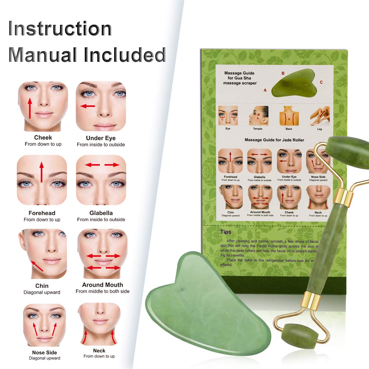 Jade Roller for Face & Gua Sha Scraping Tool, 100% Real Natural Jade Facial Roller, 2 in 1 Anti-Aging Face Roller Massager for Cheeks Slimmer, Skin Tightening, Face Firming, Rejuvenate Skin (Green)