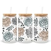 Floral Glass Can Tumblers with Lids, 16 oz, Boho Floral Design