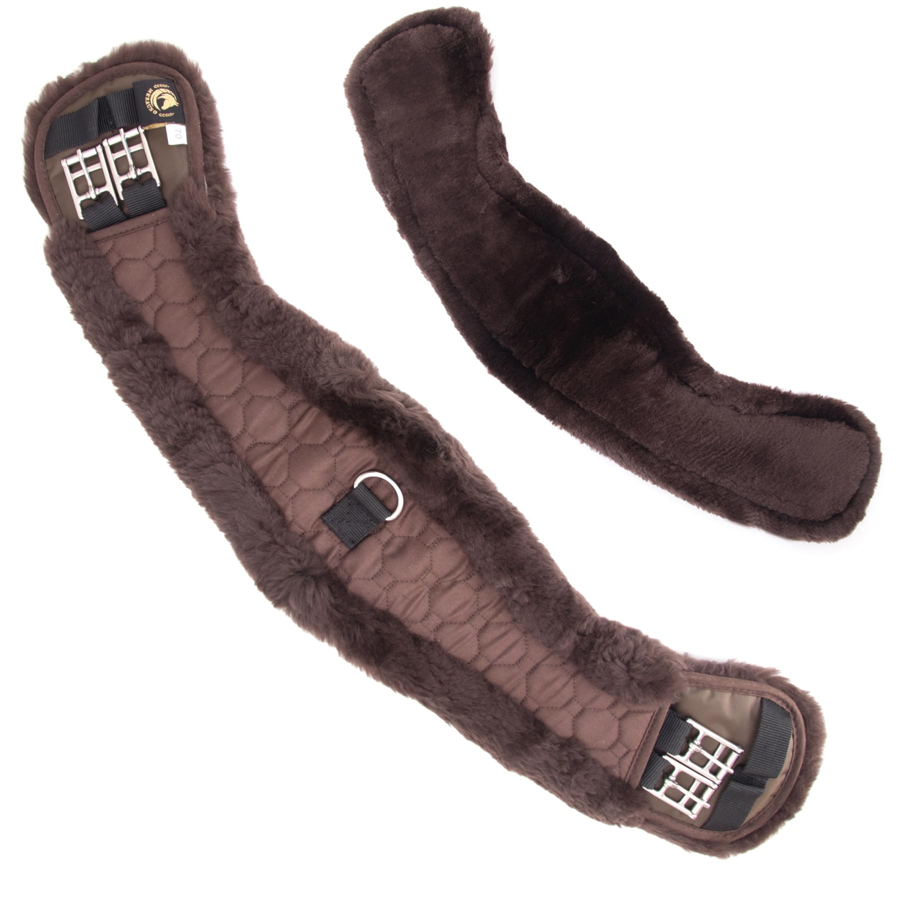 Merauno® Lamb wool Moon Girth Saddle Girth Anatomical Dressage Girth (Short Belt) with Concave Sickle Shape, Riding Belt with Natural Lamb wool, Lamb wool Girth inBrown (55 cm, Brown)