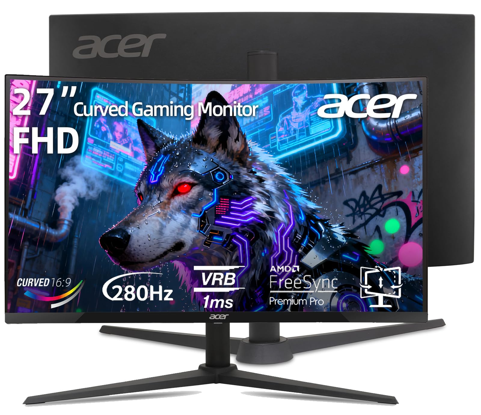 acer Nitro 27" FHD Curved Gaming Monitor, 280Hz, 1ms VRB, AMD FreeSync Premium, Zero-Frame Design, HDR 10, Built-in Speakers, Height/Tilt/SwivelPivot, Display Port 1.4, HDMI 2.0