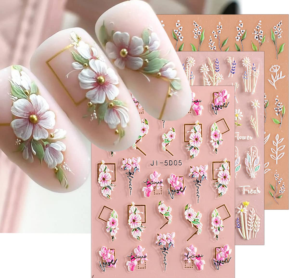 3D Embossed Flower Leaves Nail Art Stickers Decals 4 Sheets 5D Self-Adhesive Pegatinas Uñas Summer Nail Supplies Nail Art Design Decoration Accessories