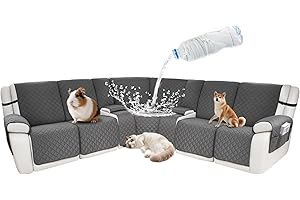 ROFASVCO Waterproof Sectional Reclining Couch Covers L Shaped Recliner Sectional Sofa Cover 9 Piece Non Slip Washable Corner Recliner Slipcover Set for Pet Dog (5 Seater 2 Console Cover, Gray)