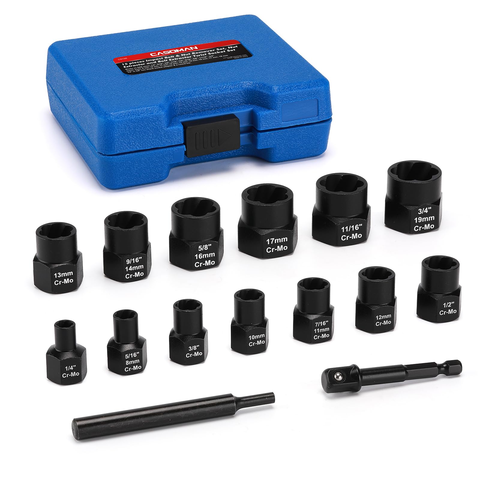 CASOMAN 13 Pieces 3/8" Drive Impact Bolt & Nut Remover Set, Nut Extractor and Bolt Extractor Twist Socket Set, Bolt Remover Tool Set