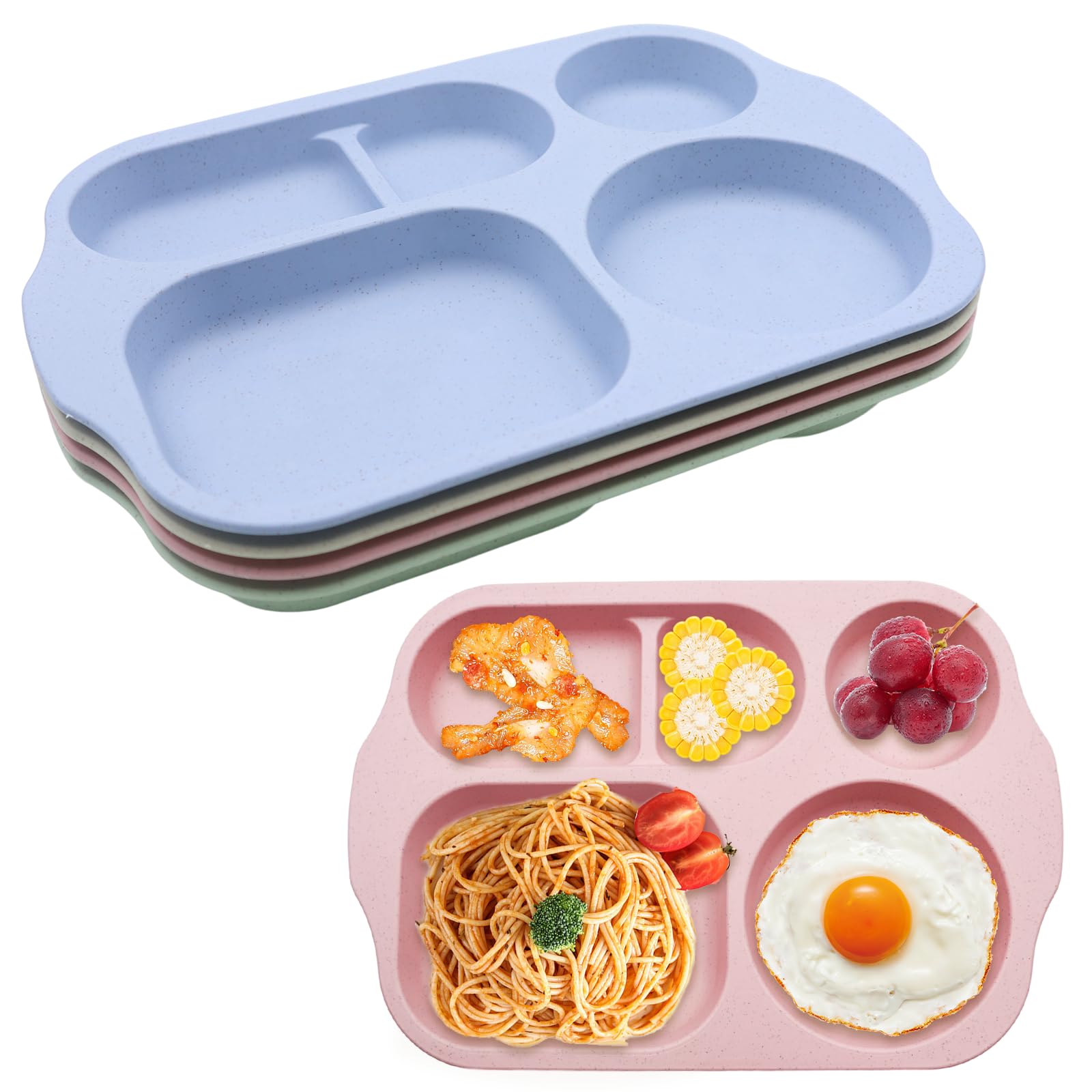 CATELL 4 Pcs Unbreakable Divided Dinner Plates for Kids & Adults - 5 Compartment Plates, Microwave & Dishwasher Safe for Daily Use, Camping & Picnic