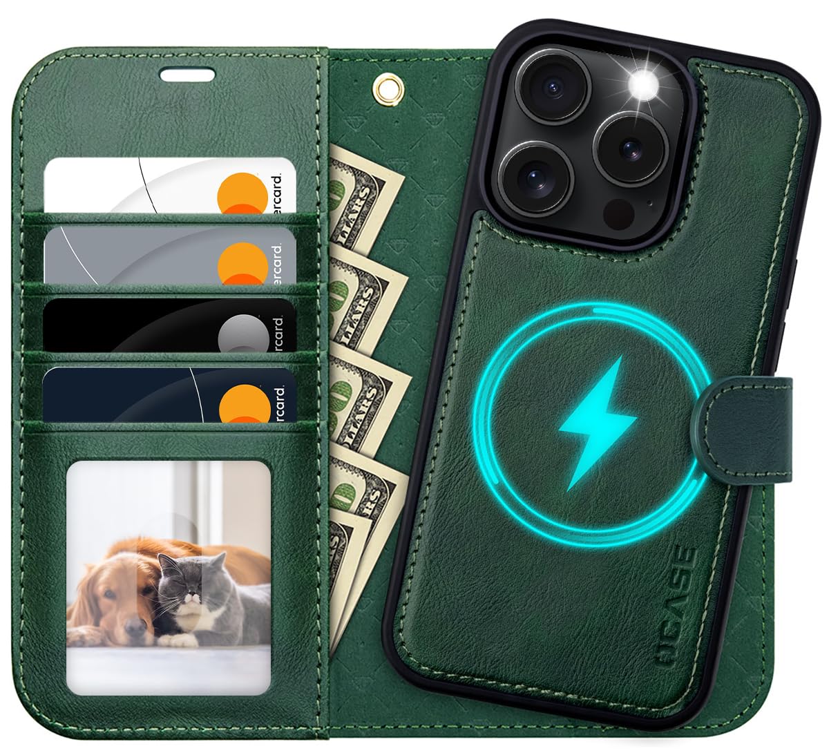 OCASE for iPhone 16 Pro Max Case, Detachable 2 in 1 PU Leather Wallet Case with RFID Blocking, Wireless Charging, Card Holders, Kickstand, Shockproof Removable Phone Cover, Dark Green