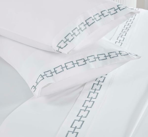SUPERIOR EMBROIDERED COTTON BED SHEET SET, 1 ELASTIC DEEP POCKET FITTED SHEET, 1 FLAT SHEET, 1 PILLOWCASE, DAILY SOFT SHEETS, LUXURY, UNIQUE DESIGN, CHAIN LINKS COLLECTION, TWIN, WHITE-SILVER