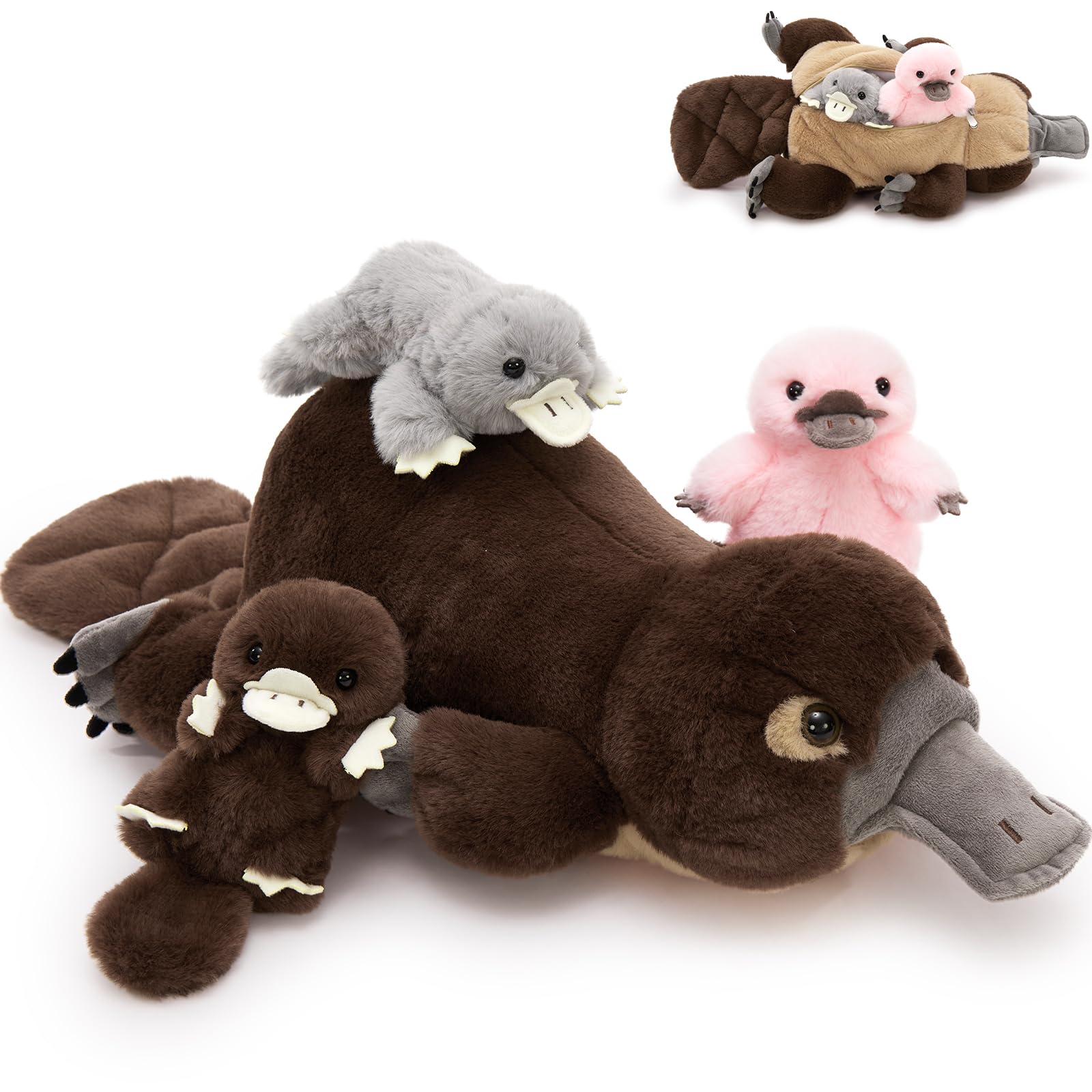 MorisMos Big Platypus Teddy Soft Toy, 55cm Brown Mom with 3 Cuddly Baby Inside, Giant Fluffly Platypus Stuffed Animal, Realistic Kawaii Plush Gift for Kids Birthday β image 1