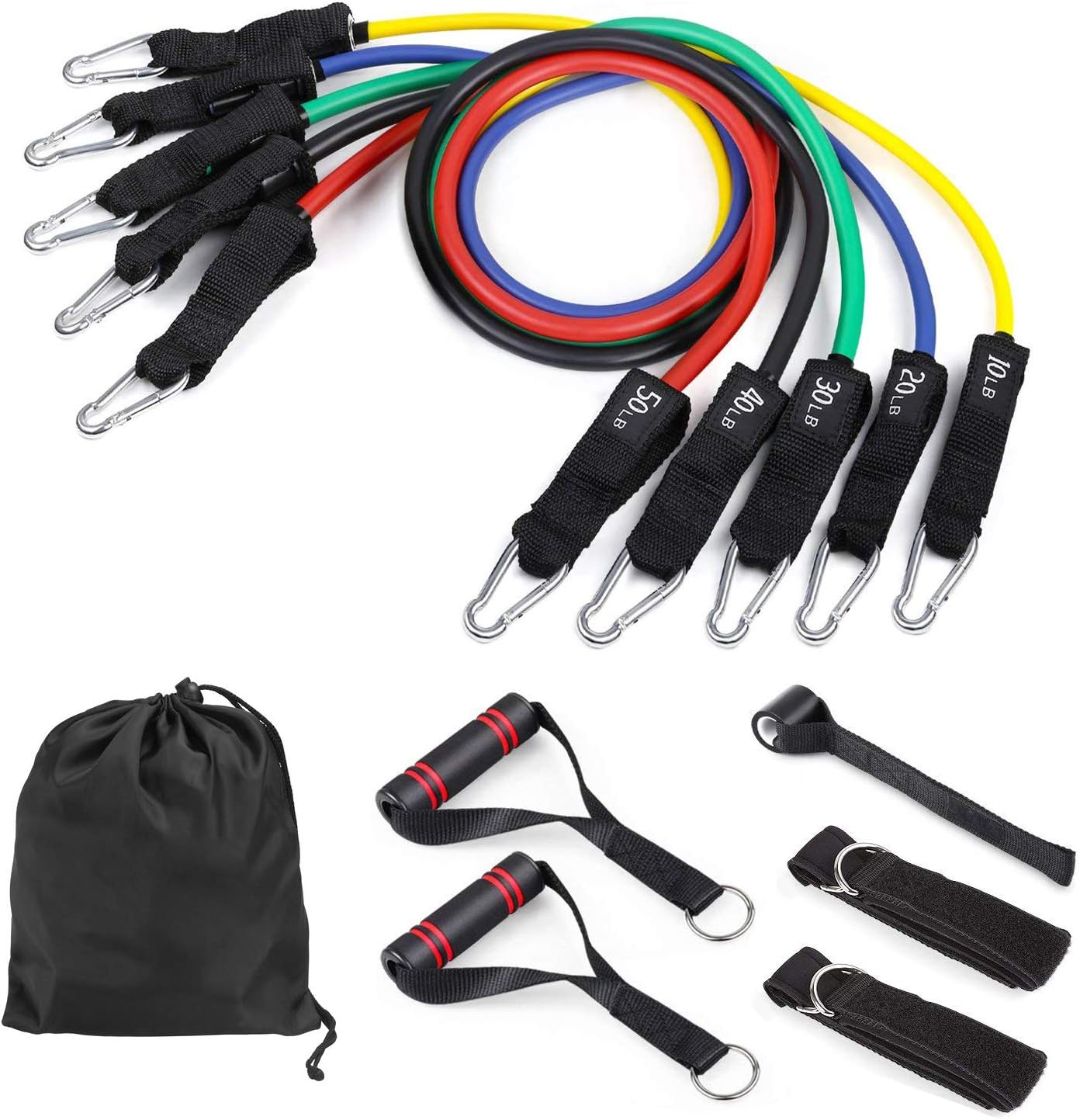 CARYWON Resistance Band Set, with 5 Exercise Bands,with Door Anchor,Foam Handles, Ankle Straps and Waterproof Carrying Case - for Resistance Training, Physical Therapy, Home Workouts
