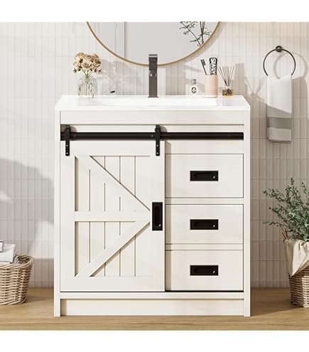 24 Inch Small Bathroom Vanity With Sink – White Single Sink Cabinet With 2 Barn Doors, 2 Shelves, 19D X 24W X 36H, Ceramic Top