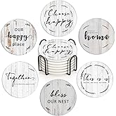 Bribay Coasters for Drinks Set of 6, Grey Wood Home Bless Happy Saying Absorbent Round Ceramic Stone Mat, with Cork Base and Metal Holder, Gift for Housewarming Room Bar Decor