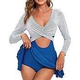 NESY Long Sleeve Swimsuits for Women Rash Guard V Neck One Piece Bathing Suit Swim Dress Woman Swimwear Swimdress UPF 50+