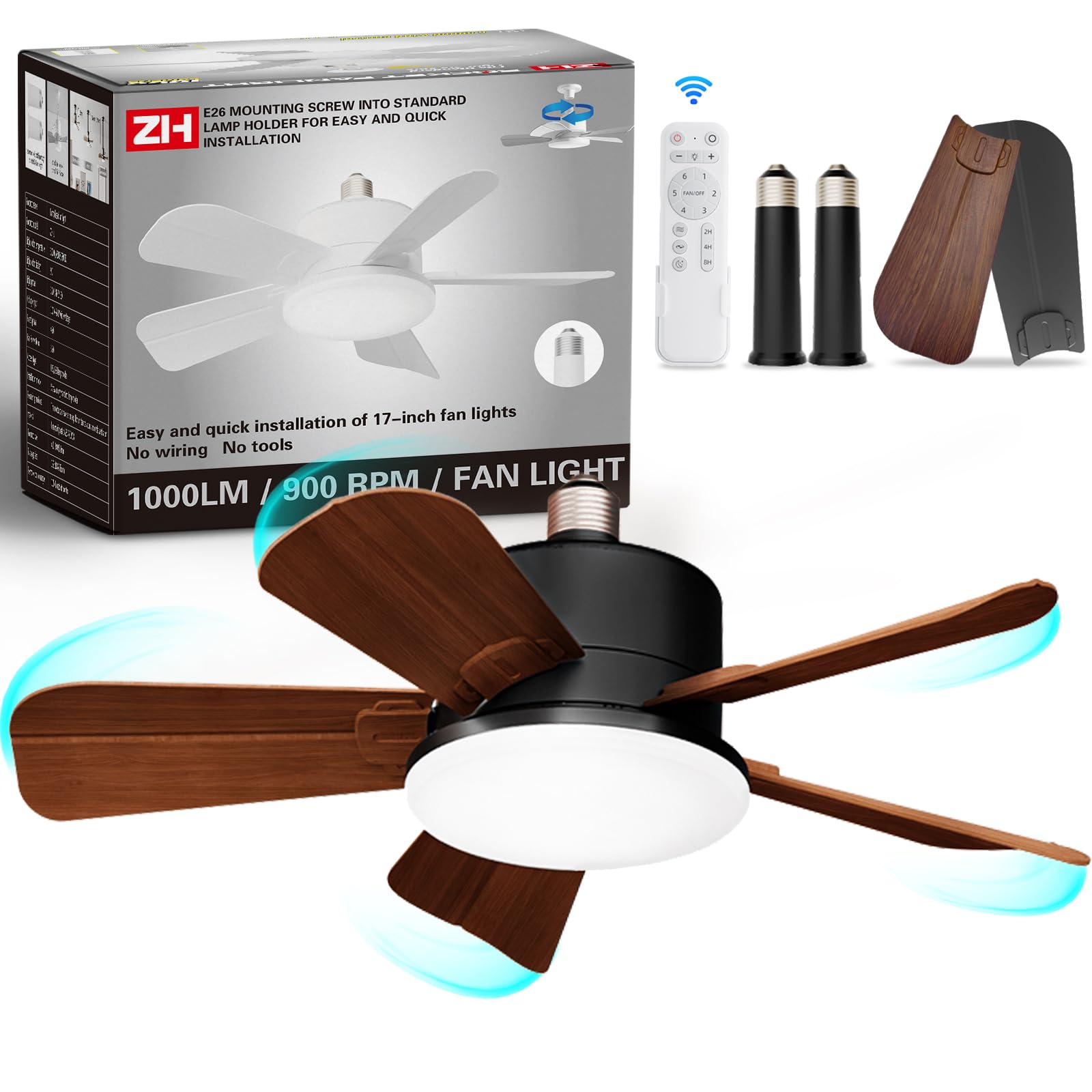 AMIR Socket Fan Light With Remote | 2-in-1 Ceiling Fan & LED Light Bulb, 5 Speeds, Color Changing