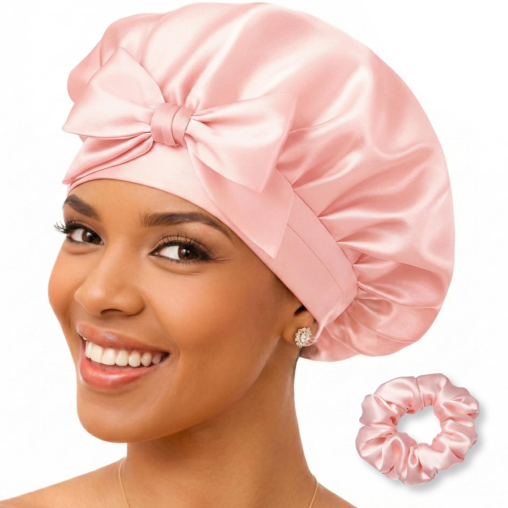 GOLDEN STAR BEAUTY Silk Bonnet Sleeping Cap for Women, Made of Real 100% Mulberry Silk, Soft and Easy to Use, Breathable & Adjustable Sleep Caps, Fine Hair Wrap - Night Head Cap for Curly Hair (Pink)