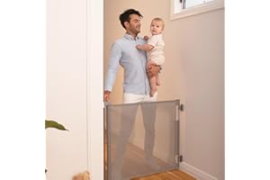 Retractable Baby Gate Perma Child Safety 33" Tall x 55” Wide, Mesh, for Stairs, Doorways, Dogs, Pets, Indoor, Outdoor, One-Handed Operation, Locking, Easy Install, Hardware Mount, Gray
