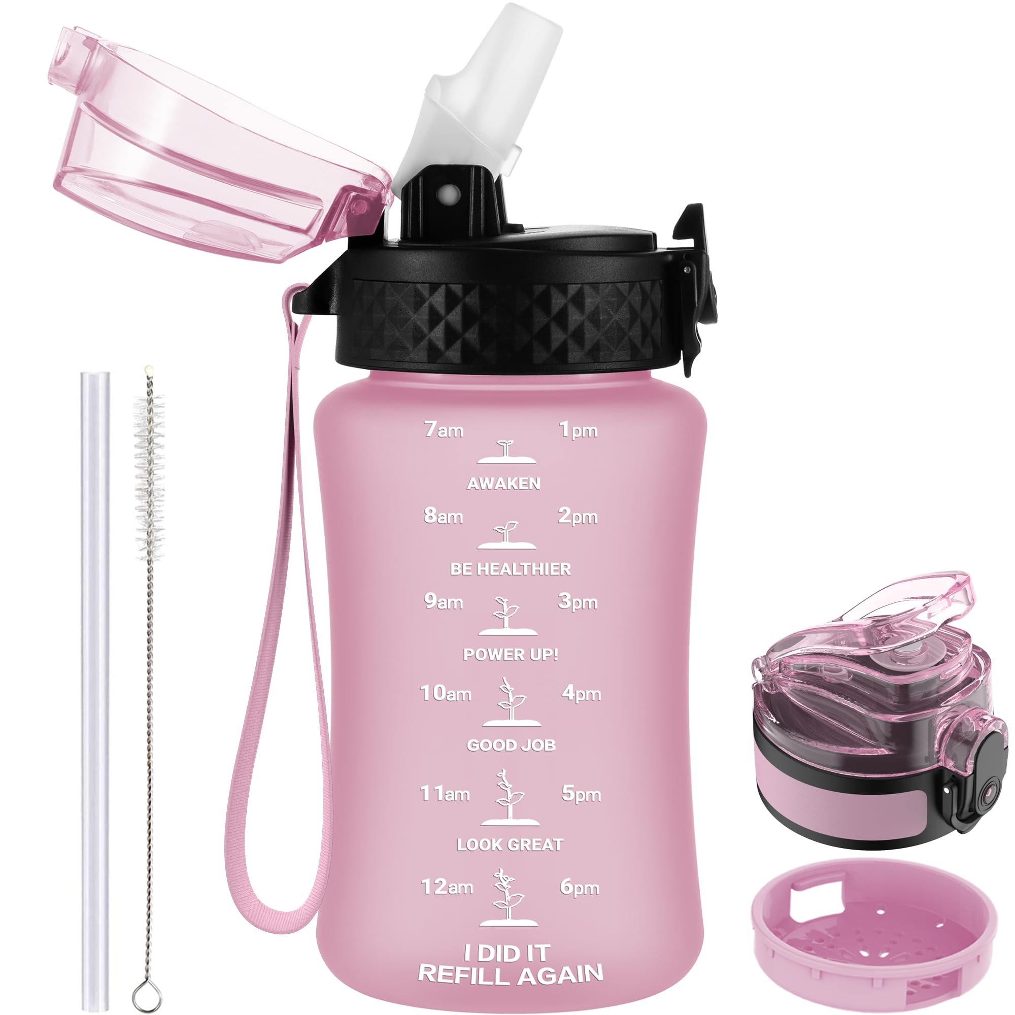 GOPPUS 350ml/12oz Kids Water Bottle With Straw Tritan Drinks Bottle with Strap Small Toddler Juice Bottles with Flip Top Lid Leakproof Children's Cup with Time Marking BPA free Girl Boy (Pink) — image 1