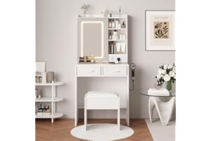 Makeup Vanity with Lights and Mirror, Vanity Desk with Charging Station (2 Outlets & 2 USB), Dressing Table with Cushioned St
