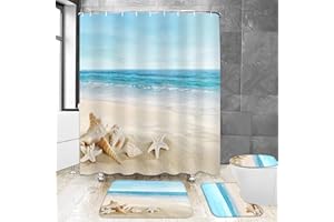 Chrainy 4Pcs Summer Beach Shower Curtain Sets Sea Ocean Bathroom Set Decor with Non-Slip Rugs Bath U-Shaped Mat Toilet Lid Cover Waterproof Starfish Shell Bathroom Curtain Shower Set with 12 Hooks