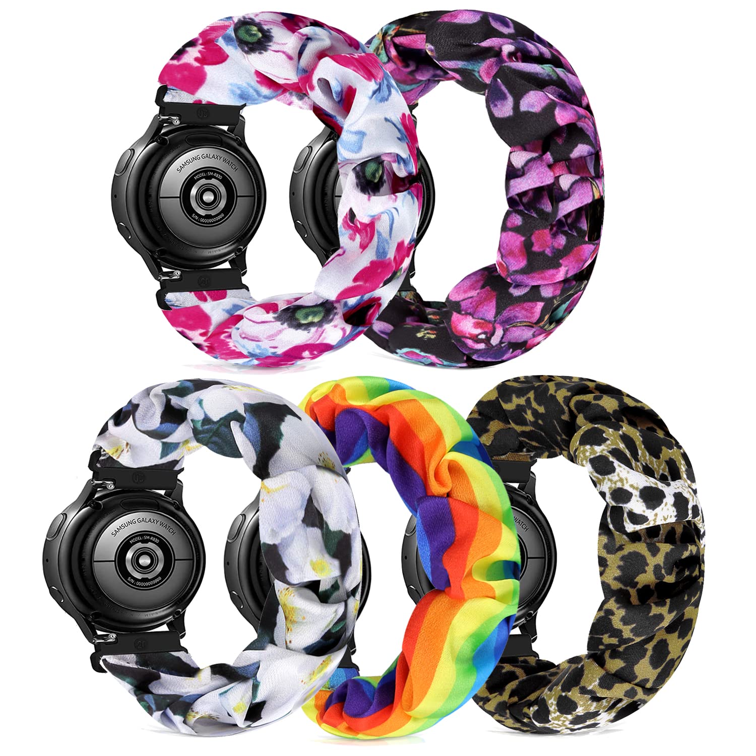 Scrunchie Watch Bands for Women Compatible with Galaxy Watch 4 Band 40mm/44mm/Watch 4 Classic 46mm/42mm/Galaxy Watch Active 2 Elastic Replacement Soft Band For 20mm(5 Pack B,S-Size)