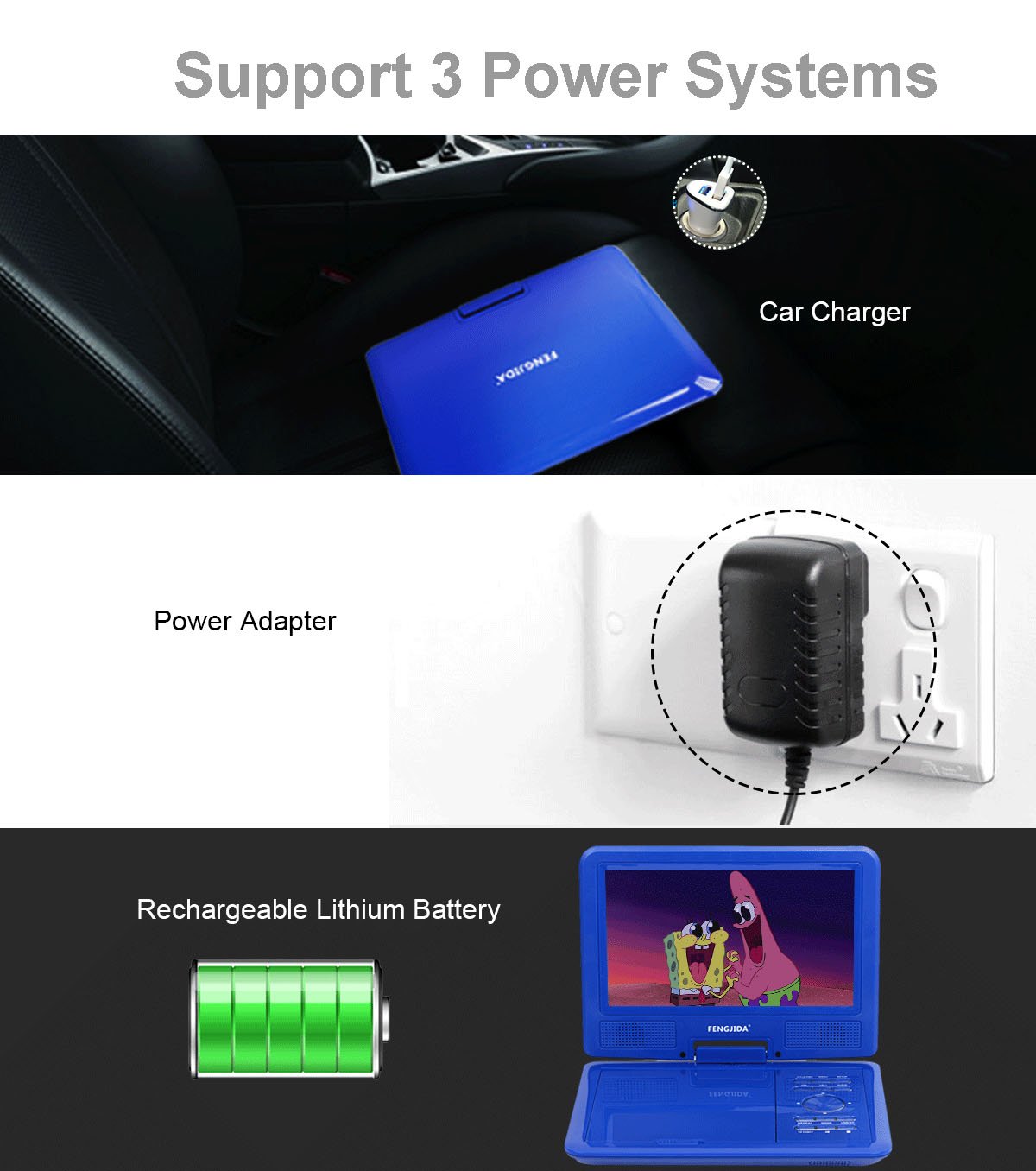 FENGJIDA 9.5\'\' Portable DVD Player, Car DVD Player Headrest Mount, Swivel Screen, Built-in Rechargeable Battery, Remote Control, SD Card Slot USB Port - Blue