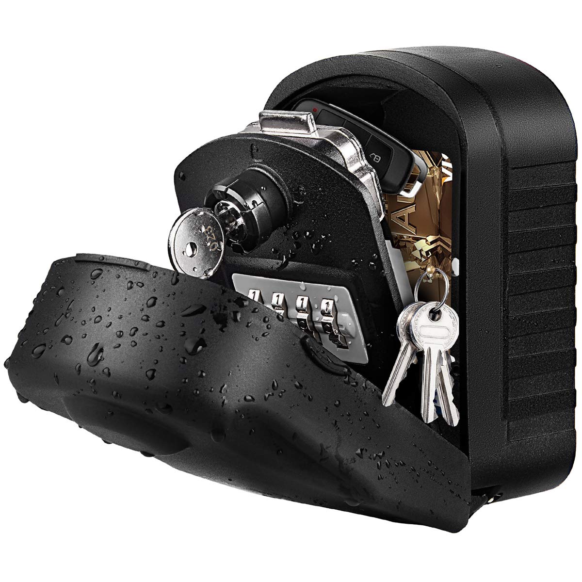 WACCET Key Lock Box, Key Safe Wall Mounted Large Capacity Key Box with Protective Cover, Key Storage Box with 4 Digit & Emergency Key for Indoor Outdoor Home Garage (black) โ image 1