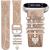 Wildflower Engraved Bands Compatible with Fitbit Sense 2, Versa 4/3, Sense Band with Charms, Soft Silicone Replacement Wristbands Strap with Cute Decorative Rings Accessories for Women