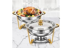 PTASYGK Chafing Dishes for Buffet - 2 Pack 5QT Gold Stainless Steel Round Food Warmer with Stainless Steel Lid, Lid Holder & 
