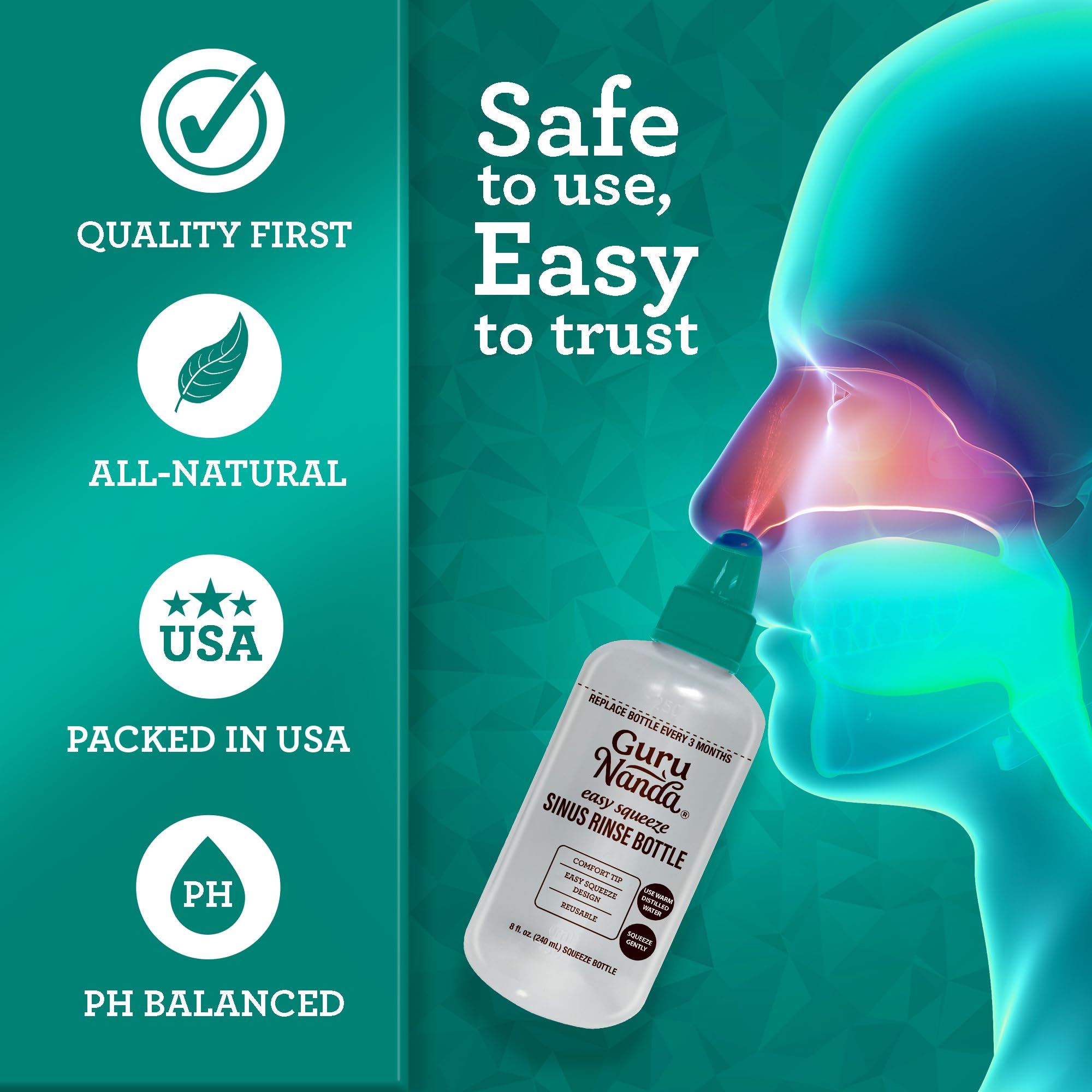 GuruNanda Sinus Rinse Bottle - Comfort Tip for Natural Nasal Irrigator Relief for Adults & Kids - 240ml Capacity