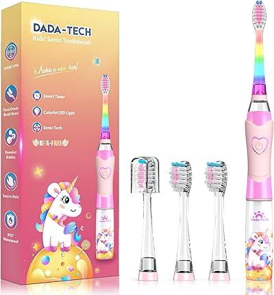 Elektrische Zahnbürste Kinder, Kinderzahnbürste Elektrisch ab 3-6-8-12 Jahre mit buntem Regenbogen-LED-Licht Integrierter Timer 90% abgerundeten Borsten Schallzahnbürste für Kleinkind (Einhorn Rosa)