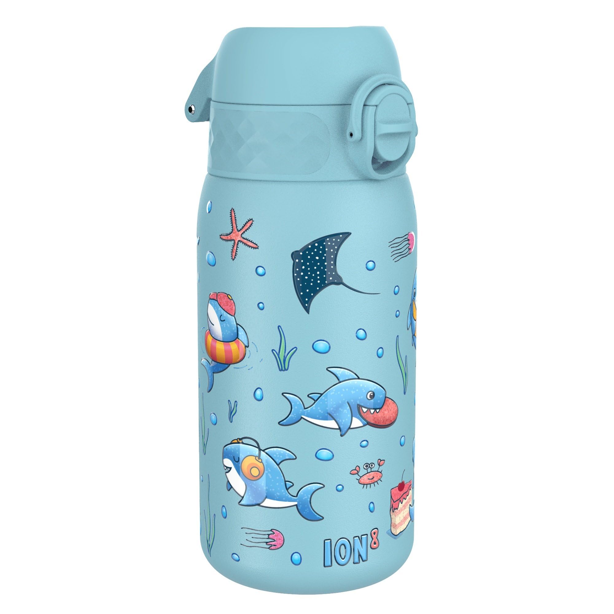 Ion8 Lightweight Steel Kids Water Bottle, 400ml/13oz, Non-Insulated, Leak Proof, Easy to Open, Secure Lock, Dishwasher Safe, Fits Cup Holders, Carry Handle, Metal Water Bottle, Blue, Sharks
