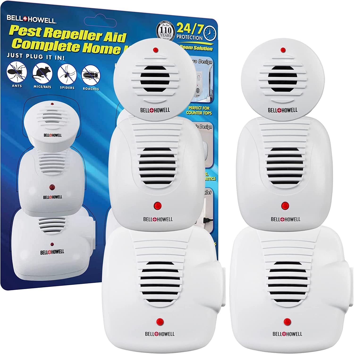 Photo 1 of The Bell and Howell Ultrasonic Pest Repeller plug in device Complete Kit 6 Pack, Effectively Aids to repel mice, bugs, Rats, Rodents, Mosquitos, roaches, Spiders and Ants Chemical, odor and sound free